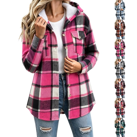 Chiccall Womens Plaid Fleece Lined Hooded Shacket, Button Down Long Sleeve Flannel Jacket with Chest Pockets, Casual Warm Plushy Hooded Outerwear Pink S