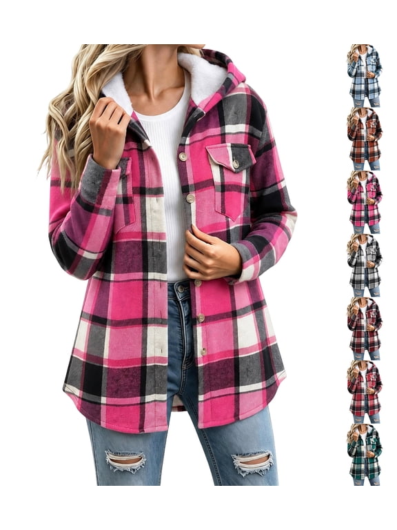Womens Plaid Fleece Lined Hooded Shacket, Button Down Long Sleeve Flannel Jacket with Chest Pockets, Casual Warm Plushy Hooded Outerwear Pink S