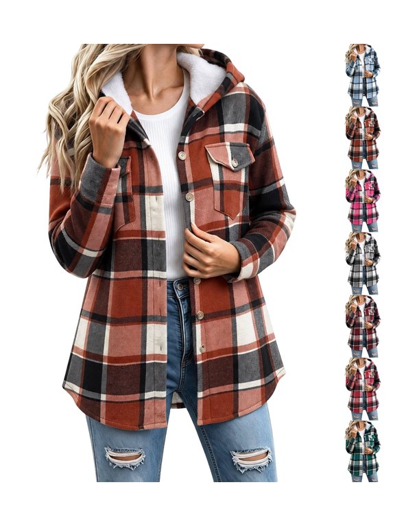 Womens Plaid Fleece Lined Hooded Shacket, Button Down Long Sleeve Flannel Jacket with Chest Pockets, Casual Warm Plushy Hooded Outerwear Wine L