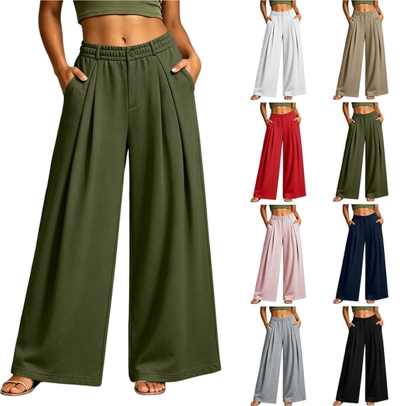 Chiccall Womens Pleated Wide Leg Sweatpants, Elastic Waist Casual Trousers with Pockets,Fall Fashion Loose Athleisure Bottoms