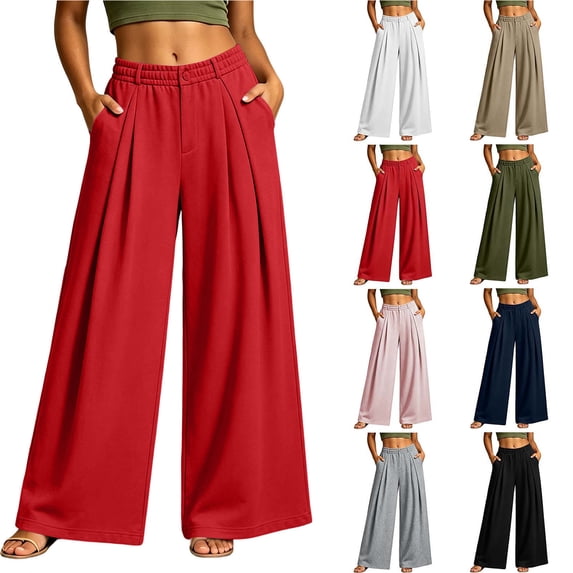 Chiccall Womens Pleated Wide Leg Sweatpants, Elastic Waist Casual Trousers with Pockets,Fall Fashion Loose Athleisure Bottoms
