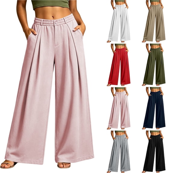 Chiccall Womens Pleated Wide Leg Sweatpants, Elastic Waist Casual Trousers with Pockets,Fall Fashion Loose Athleisure Bottoms