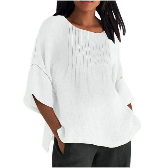 Chiccall Womens Plus Size Cotton Linen Shirts Fashion Casual Solid Crew Neck Pleated 3/4 Sleeve Tunic Blouse Summer Tops for Women