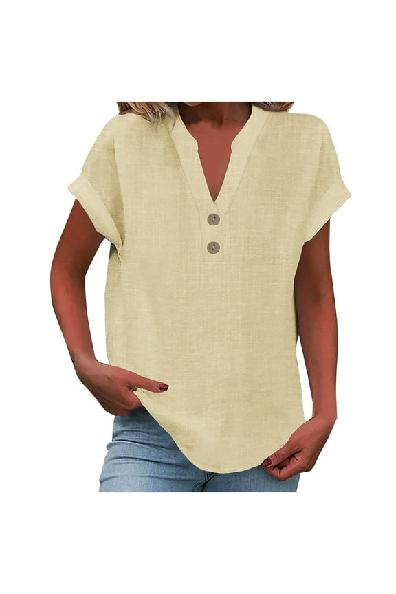 Womens Plus Size Tops Fashion Casual Solid Cotton Linen Shirts V Neck Buttons Short Sleeve Tunic Blouse Summer Tops for Women 2026