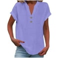 thumbnail image 1 of Chiccall Womens Plus Size Cotton Linen Shirts Fashion Casual Solid V Neck Buttons Short Sleeve Tunic Blouse Summer Tops for Women, 1 of 5