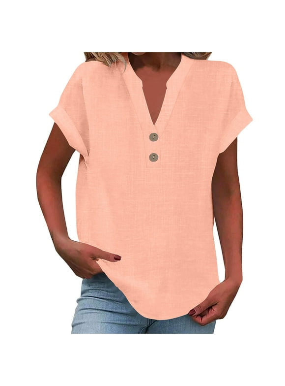 Womens Plus Size Cotton Linen Shirts Fashion Casual Solid V Neck Buttons Short Sleeve Tunic Blouse Summer Tops for Women