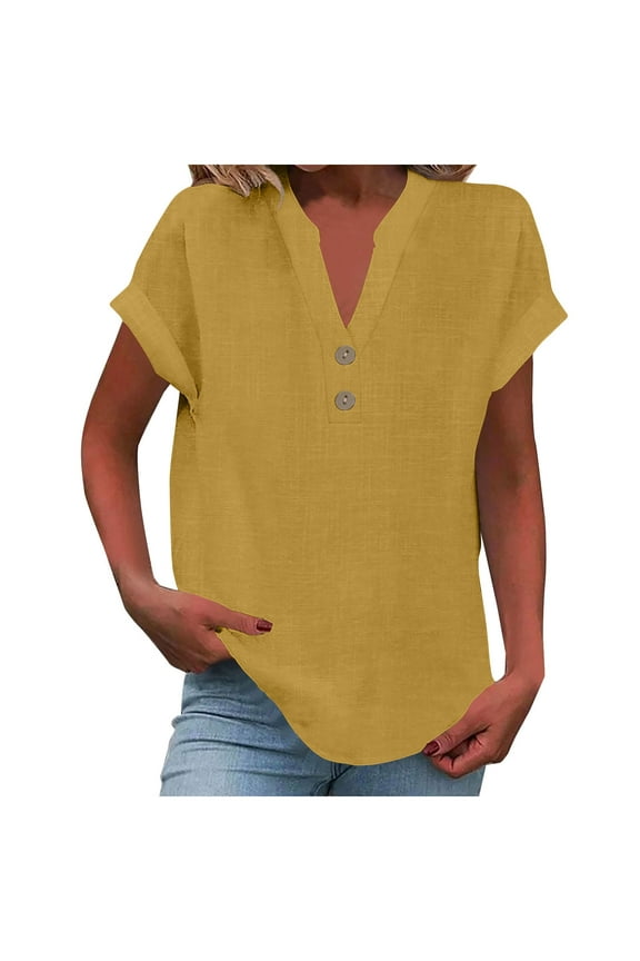 Womens Plus Size Cotton Linen Shirts Fashion Casual Solid V Neck Buttons Short Sleeve Tunic Blouse Summer Tops for Women