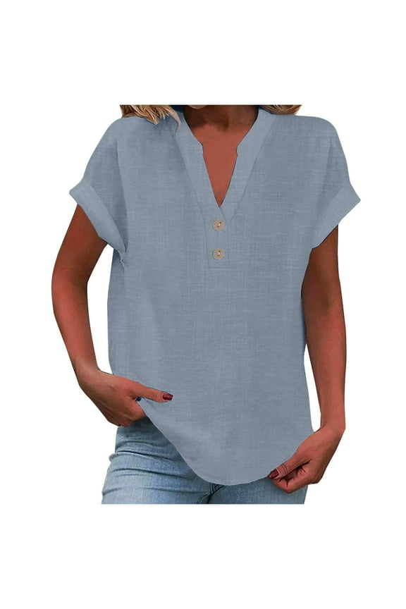 Womens Plus Size Cotton Linen Shirts Fashion Casual Solid V Neck Buttons Short Sleeve Tunic Blouse Summer Tops for Women
