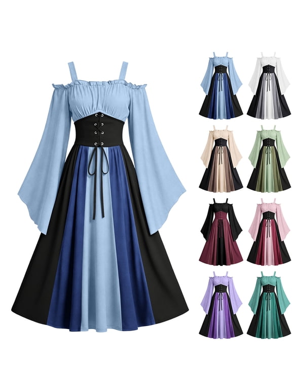 Womens Plus Size Medieval Renaissance Costume Dress Halloween Gothic Style Beer Festival Color Blocked Dress for Women