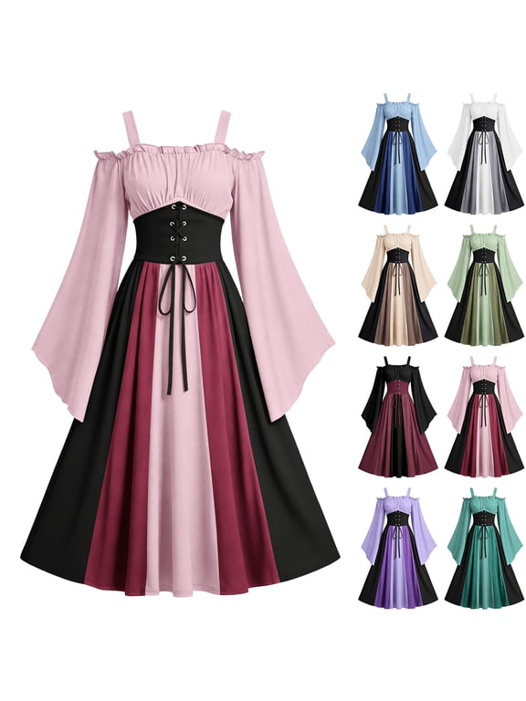 Womens Plus Size Medieval Renaissance Costume Dress Halloween Gothic Style Beer Festival Color Blocked Dress for Women
