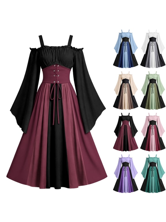 Womens Plus Size Medieval Renaissance Costume Dress Halloween Gothic Style Beer Festival Color Blocked Dress for Women