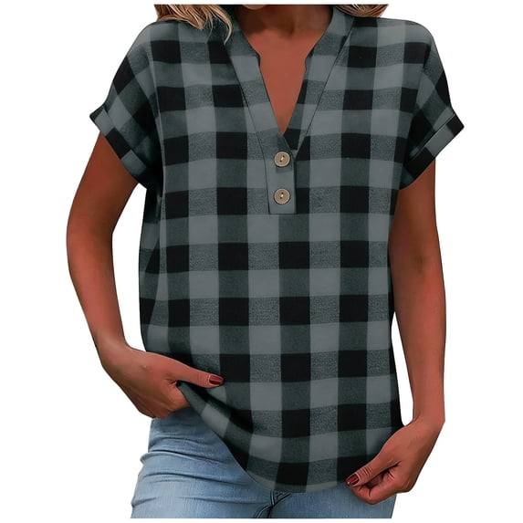 Chiccall Womens Plus Size Tops Fashion Casual Plaid Cotton Linen Shirts V Neck Buttons Short Sleeve Tunic Blouse Summer Tops for Women 2026