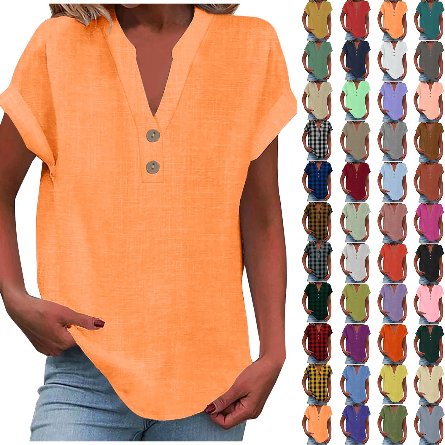 Womens Plus Size Tops Fashion Casual Solid Cotton Linen Shirts V Neck Buttons Short Sleeve Tunic Blouse Summer Tops for Women 2026