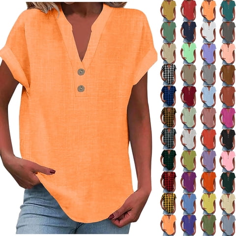 Womens Plus Size Tops Fashion Casual Solid Cotton Linen Shirts V Neck Buttons Short Sleeve Tunic Blouse Summer Tops for Women 2026