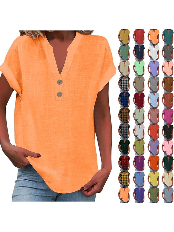 Womens Plus Size Tops Fashion Casual Solid Cotton Linen Shirts V Neck Buttons Short Sleeve Tunic Blouse Summer Tops for Women 2026