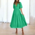 thumbnail image 1 of Chiccall Womens Puff Sleeve Maxi Dress Deep V-Neck Smocked Long Dress Flowy Zipper Back Summer Party Dress Army Green L, 1 of 9