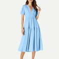 thumbnail image 1 of Chiccall Womens Puff Sleeve Maxi Dress Deep V-Neck Smocked Long Dress Flowy Zipper Back Summer Party Dress Light Blue L, 1 of 5