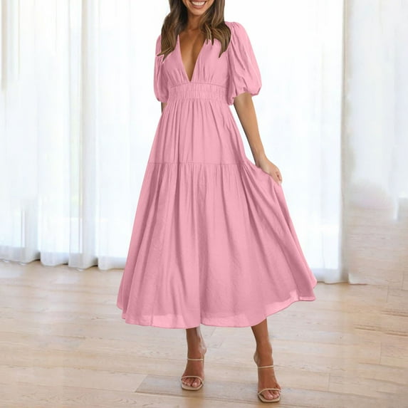 Chiccall Womens Puff Sleeve Maxi Dress Deep V-Neck Smocked Long Dress Flowy Zipper Back Summer Party Dress Pink XL