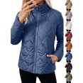 thumbnail image 1 of Chiccall Womens Quilted Puffer Jacket Full Zip Long Sleeve Winter Cotton Padded Coat Lightweight Warm Outerwear Blue 3XL, 1 of 9