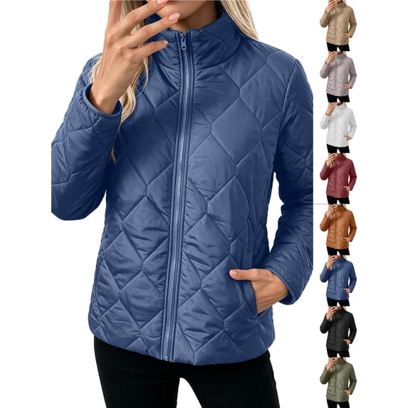 Chiccall Womens Quilted Puffer Jacket Full Zip Long Sleeve Winter Cotton Padded Coat Lightweight Warm Outerwear Blue 3XL