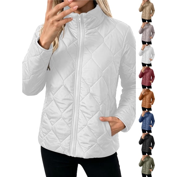 Chiccall Womens Quilted Puffer Jacket Full Zip Long Sleeve Winter Cotton Padded Coat Lightweight Warm Outerwear White 3XL