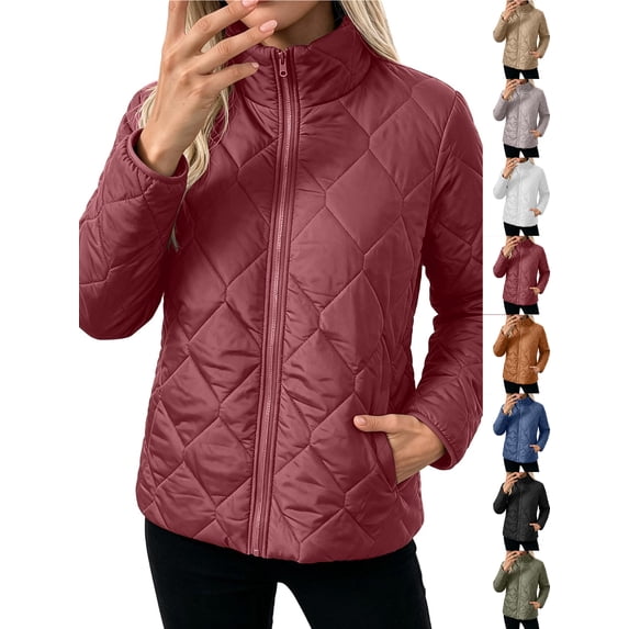 Chiccall Womens Quilted Puffer Jacket Full Zip Long Sleeve Winter Cotton Padded Coat Lightweight Warm Outerwear Wine XL