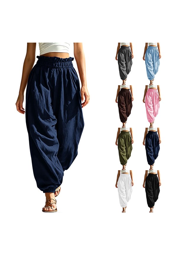 Womens Ruffle Paperbag Waist Jogger Pants, Loose Textured Casual Trousers with Side Pockets
