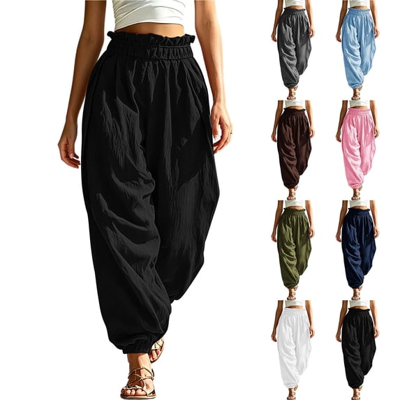 Chiccall Womens Ruffle Paperbag Waist Jogger Pants, Loose Textured Casual Trousers with Side Pockets