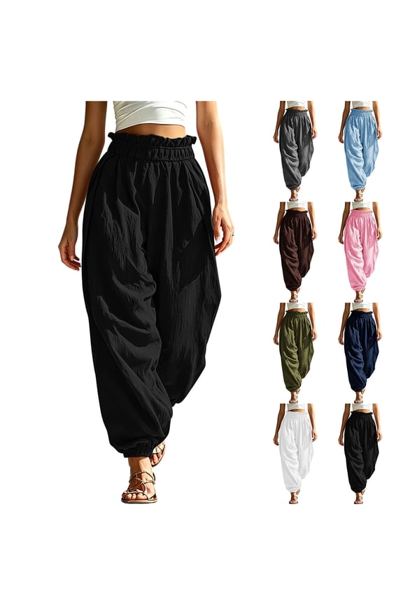 Womens Ruffle Paperbag Waist Jogger Pants, Loose Textured Casual Trousers with Side Pockets