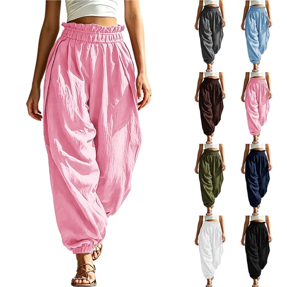 Chiccall Womens Ruffle Paperbag Waist Jogger Pants, Loose Textured Casual Trousers with Side Pockets