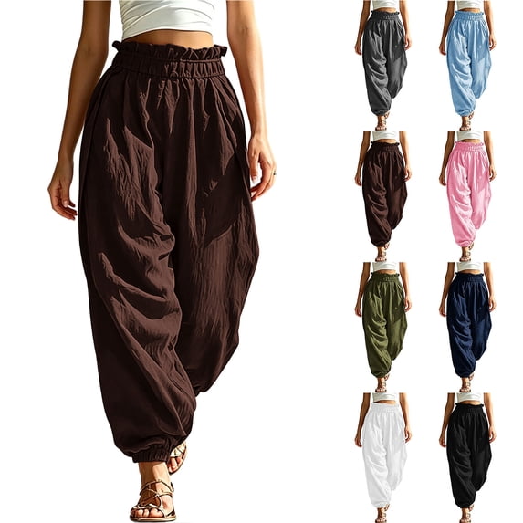 Chiccall Womens Ruffle Paperbag Waist Jogger Pants, Loose Textured Casual Trousers with Side Pockets