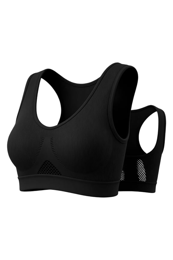 Womens Seamless Sports Bra Ribbed Knit Breathable Mesh Panel U-Neck Wide Strap Wireless Moderately Supportive Yoga Workout Bras for Women