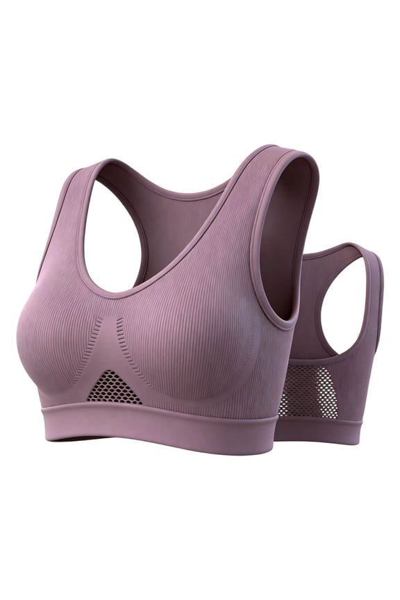 Womens Seamless Sports Bra Ribbed Knit Breathable Mesh Panel U-Neck Wide Strap Wireless Moderately Supportive Yoga Workout Bras for Women