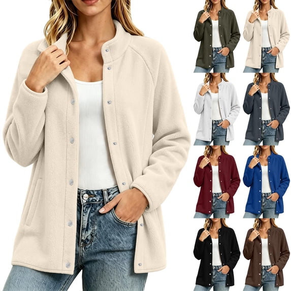 Chiccall Womens Sherpa Jacket Long‑Sleeve Button Down Fleece Jacket Casual Warm Fuzzy Sweat Coat Fall Winter Fashion Outerwear Beige S