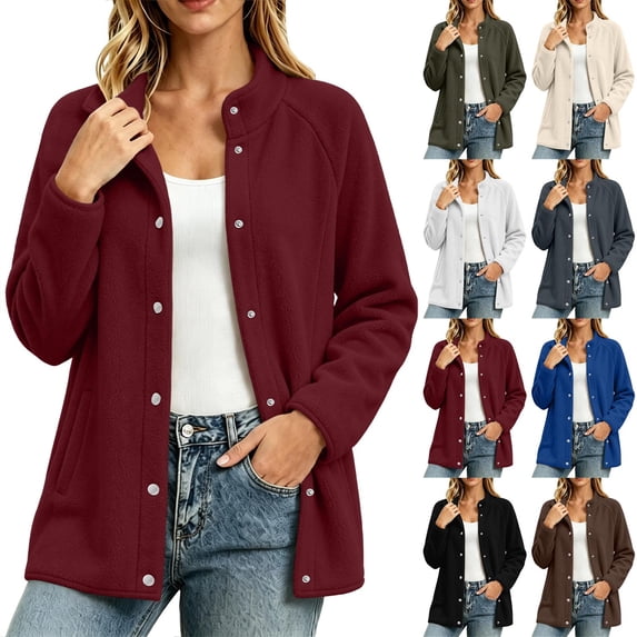 Chiccall Womens Sherpa Jacket Long‑Sleeve Button Down Fleece Jacket Casual Warm Fuzzy Sweat Coat Fall Winter Fashion Outerwear Wine S