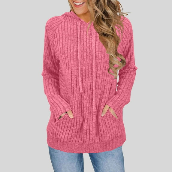 Chiccall Womens Soft Ribbed Knit Hoodie Sweaters Long Sleeve Pullover Shirts Loose Casual Fall Tops Hot Pink XXL