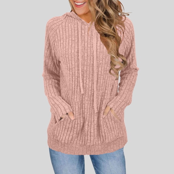 Chiccall Womens Soft Ribbed Knit Hoodie Sweaters Long Sleeve Pullover Shirts Loose Casual Fall Tops Pink XXL