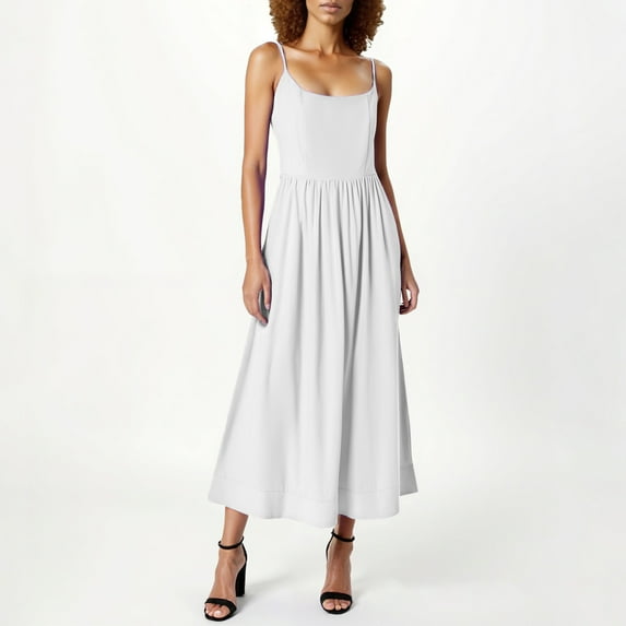 Chiccall Womens Solid Summer Maxi Dress Casual Boho Sleeveless Spaghetti Strap Smocked Tiered Long Sundresses White L