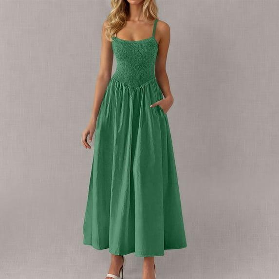 Chiccall Womens Summer Maxi Dresses Square Neck Casual Sleeveless Pleated Design A Line Slip Dress with Pockets Green S