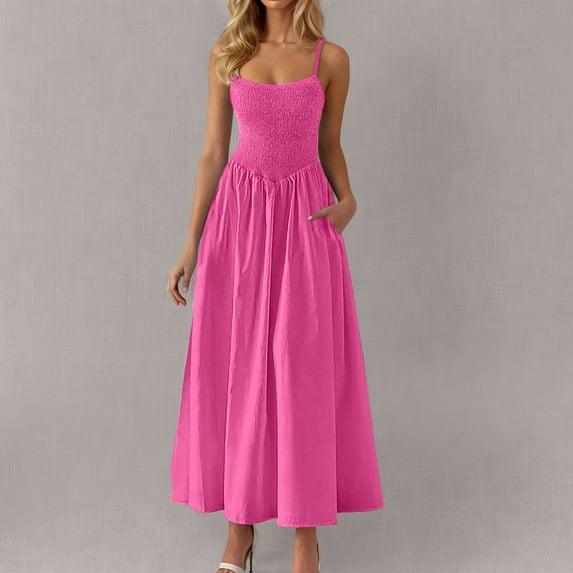Chiccall Womens Summer Maxi Dresses Square Neck Casual Sleeveless Pleated Design A Line Slip Dress with Pockets Hot Pink L