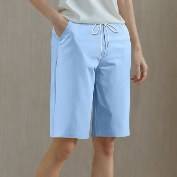 Chiccall Womens Sweat Shorts with Pockets Solid Knit Lounge Jogger Athletic Short Pants Summer Elastic Waist Drawstring Bermuda Shorts Light Blue L