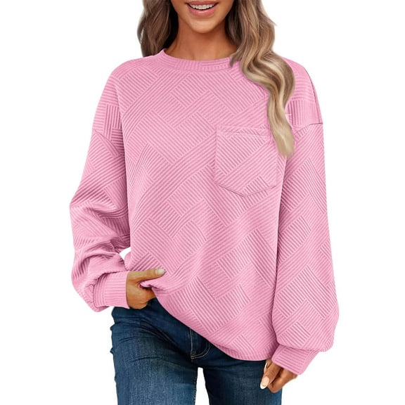 Chiccall Womens Sweatshirt Plain Textured Long Sleeve Crew Neck Pullover Tops with Front Pocket for Fall Casual