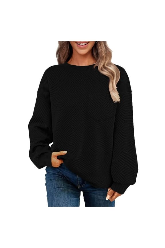 Womens Sweatshirt Plain Textured Long Sleeve Crew Neck Pullover Tops with Front Pocket for Fall Casual