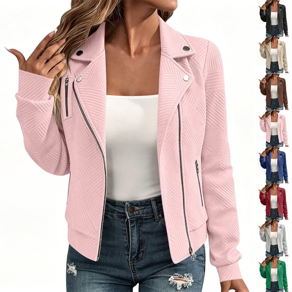 Chiccall Womens Textured Jacquard Bomber Jacket with Multi-Zip Front Lapel Collar Cropped Long Sleeve Outerwear Coat with Zippered Pockets