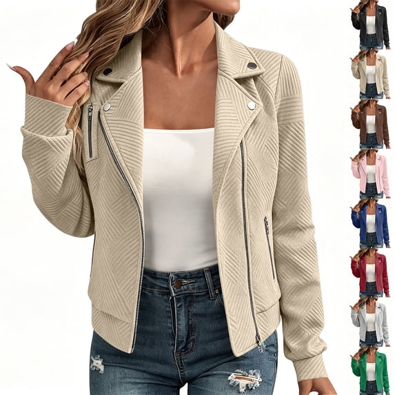 Chiccall Womens Textured Jacquard Bomber Jacket with Multi-Zip Front Lapel Collar Cropped Long Sleeve Outerwear Coat with Zippered Pockets