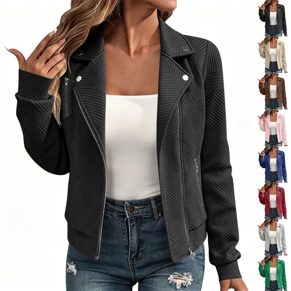 Chiccall Womens Textured Jacquard Bomber Jacket with Multi-Zip Front Lapel Collar Cropped Long Sleeve Outerwear Coat with Zippered Pockets