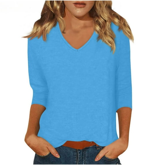 Chiccall Womens V Neck 3/4 Length Sleeve Comfy T-Shirts Fall Loose Fit Trendy Dressy Casual Tops