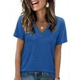 thumbnail image 1 of Chiccall Womens V Neck T Shirts Trendy 2025 Printed Graphic Short Sleeve Causal Tops Fashion Summer Loose Blouse Blue M, 1 of 8