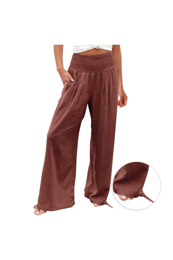 Womens Wide Leg Linen Pants Baggy High Waisted Casual Solid Boho Trousers for Women