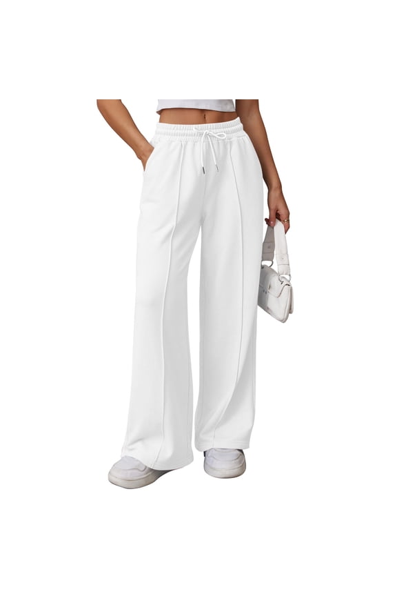 Womens Wide Leg Sweatpants Drawstring High Waisted Sweat Pants with Pockets Athletic Winter Workout Joggers Pants White L